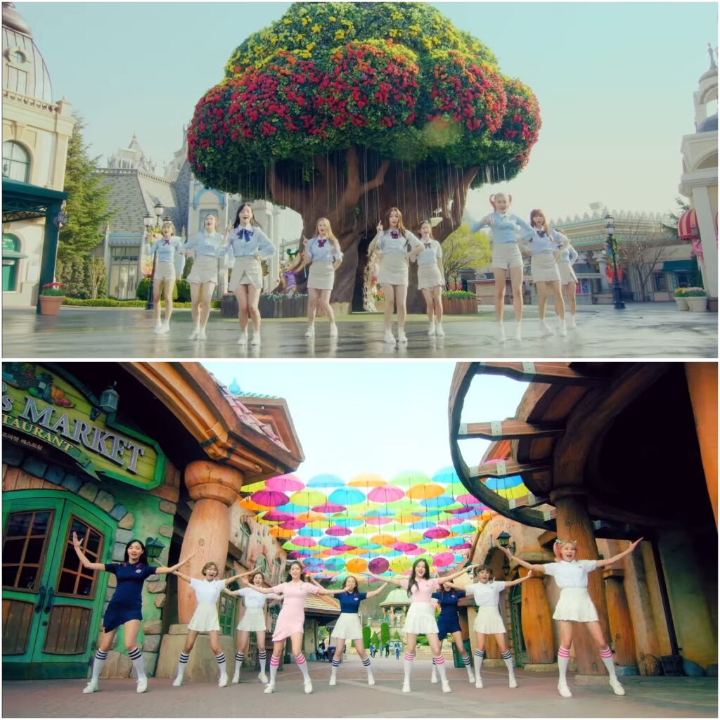 K-pop Filming Locations MOMOLAND Wonderful Love showing the Giant Magic Tree & Umbrella Canopy