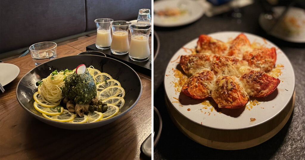 Nook Makgeolli Bar - pasta and grilled tomatoes 