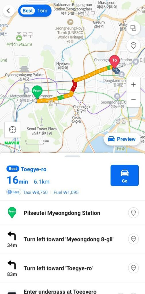 Korean apps - private transport option on naver maps