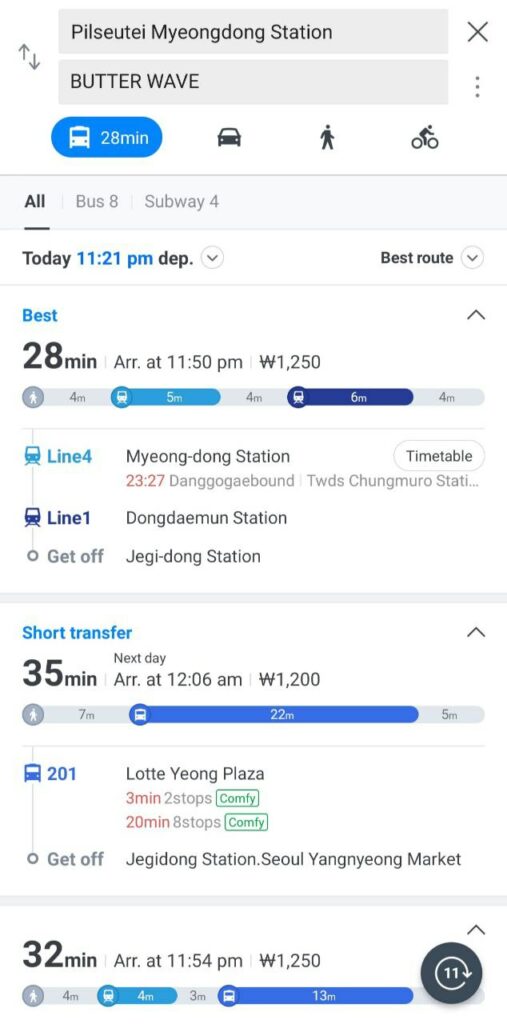Korean apps - public transportation on naver maps
