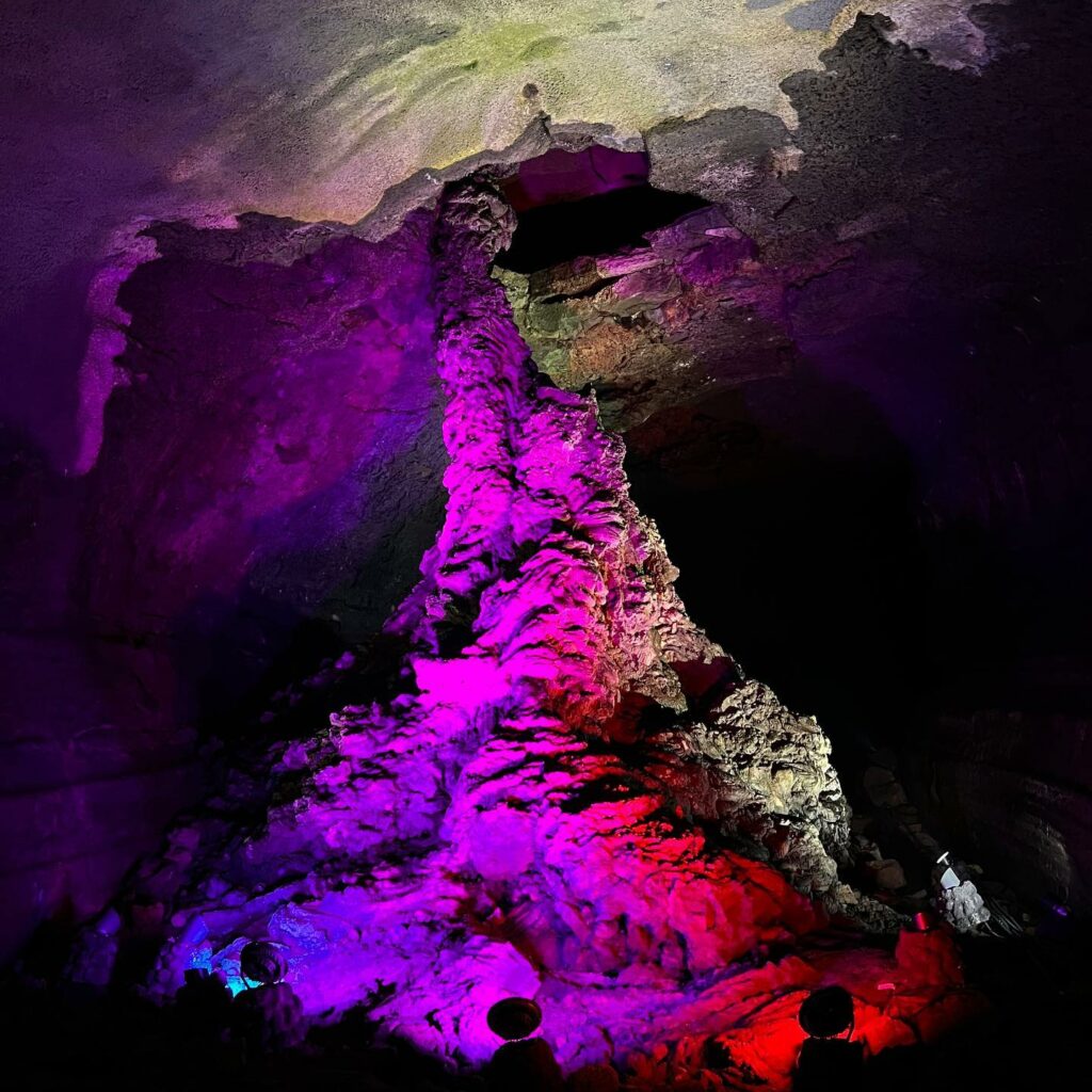 Things to do Jeju - coloured lights at Manjanggul Cave